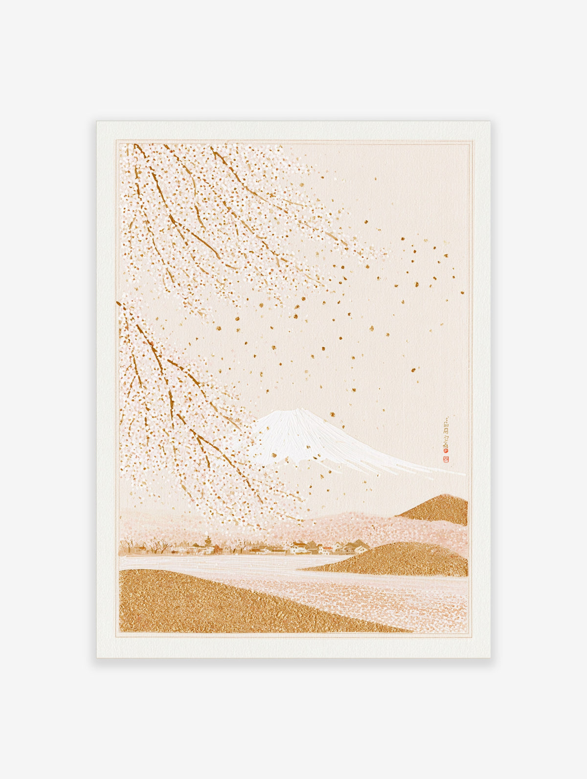 Japanese-style wall art print with gold Mount Fuji and white cherry blossoms on a soft beige background