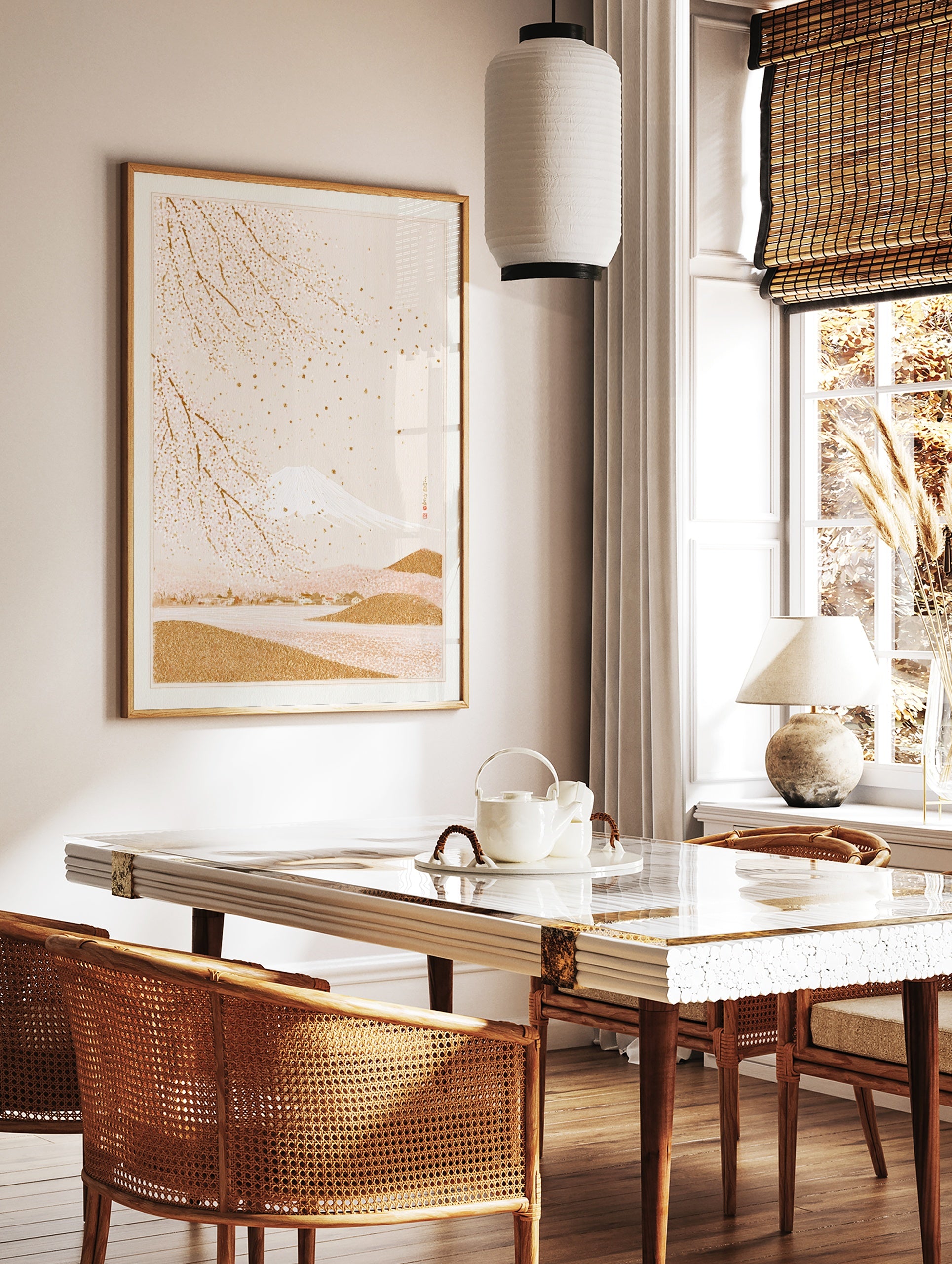 Japanese-style wall art print with gold Mount Fuji and white cherry blossoms on a soft beige, in a styled room mockup