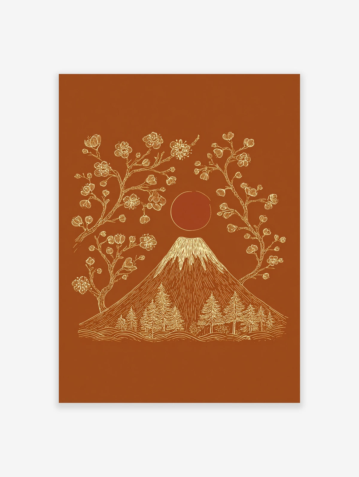 Illustrative Mount Fuji with snow-capped peak, cherry blossoms, pine trees, and red sun on terracotta background