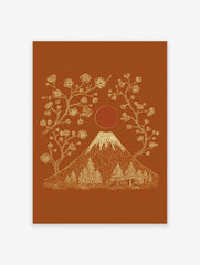 Illustrative Mount Fuji with snow-capped peak, cherry blossoms, pine trees, and red sun on terracotta background
