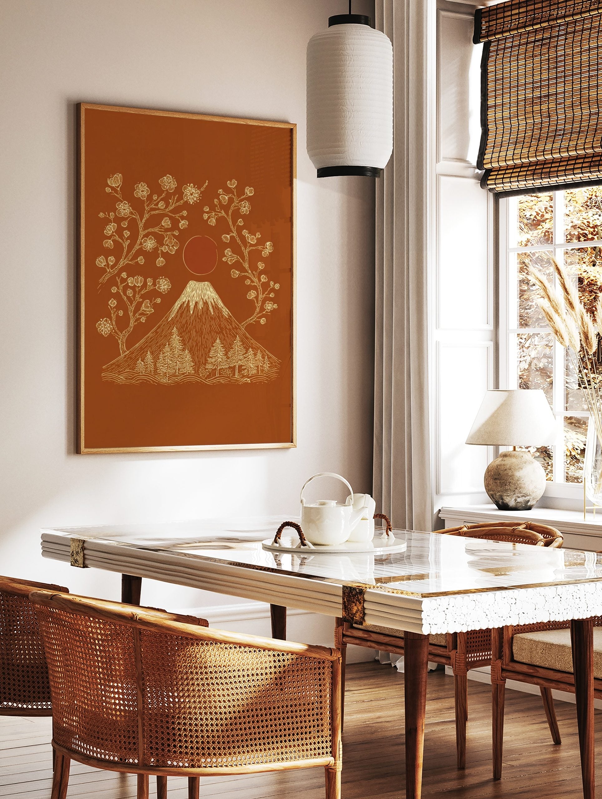 Illustrative Mount Fuji with snow-capped peak, cherry blossoms, pine trees, and red sun on, in a styled room mockup