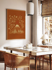 Illustrative Mount Fuji with snow-capped peak, cherry blossoms, pine trees, and red sun on, in a styled room mockup