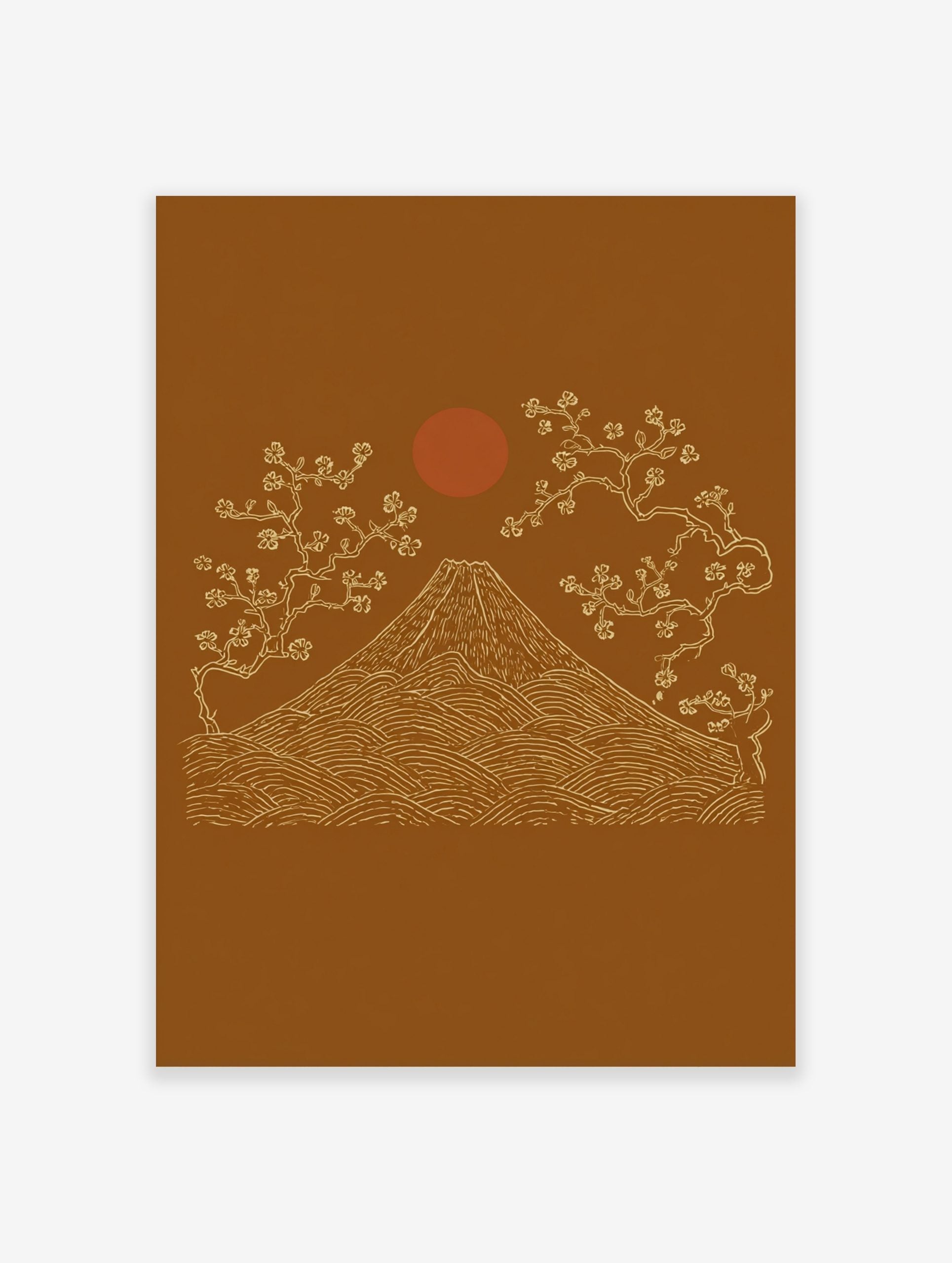 Illustrative Mount Fuji with cherry blossom trees and red sun on an ochre background in a Japanese style