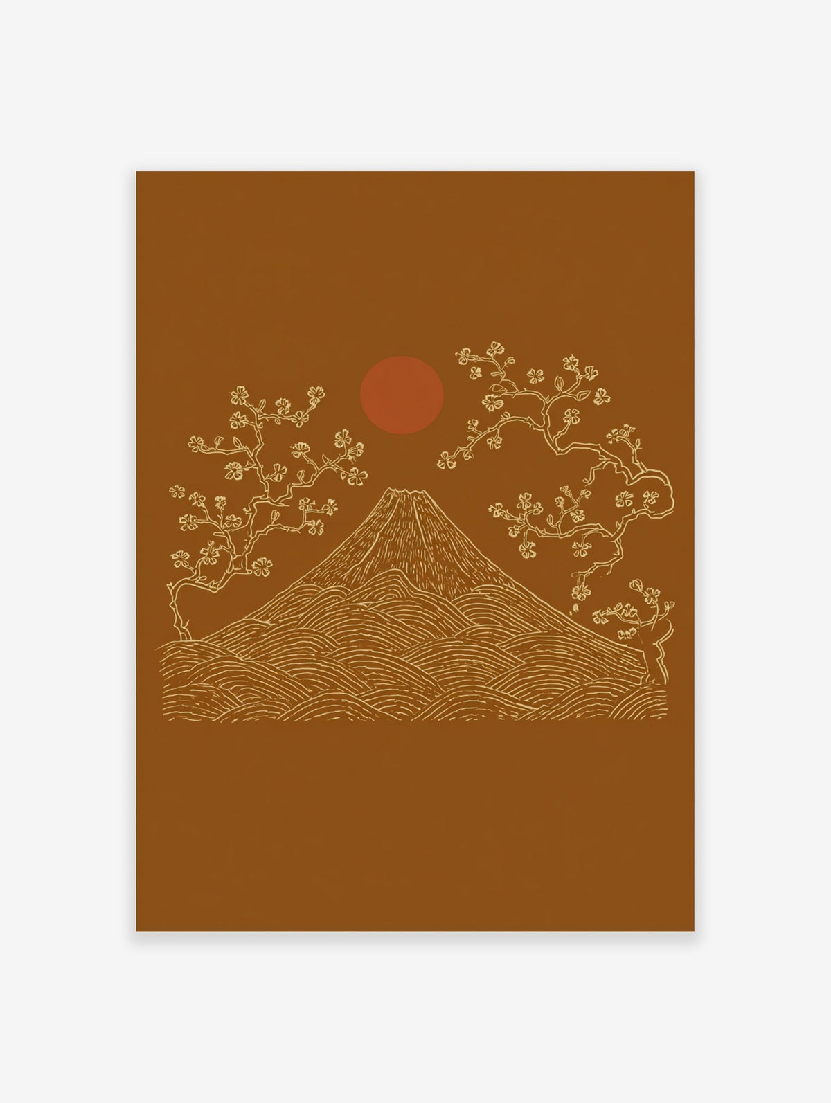 Illustrative Mount Fuji with cherry blossom trees and red sun on an ochre background in a Japanese style