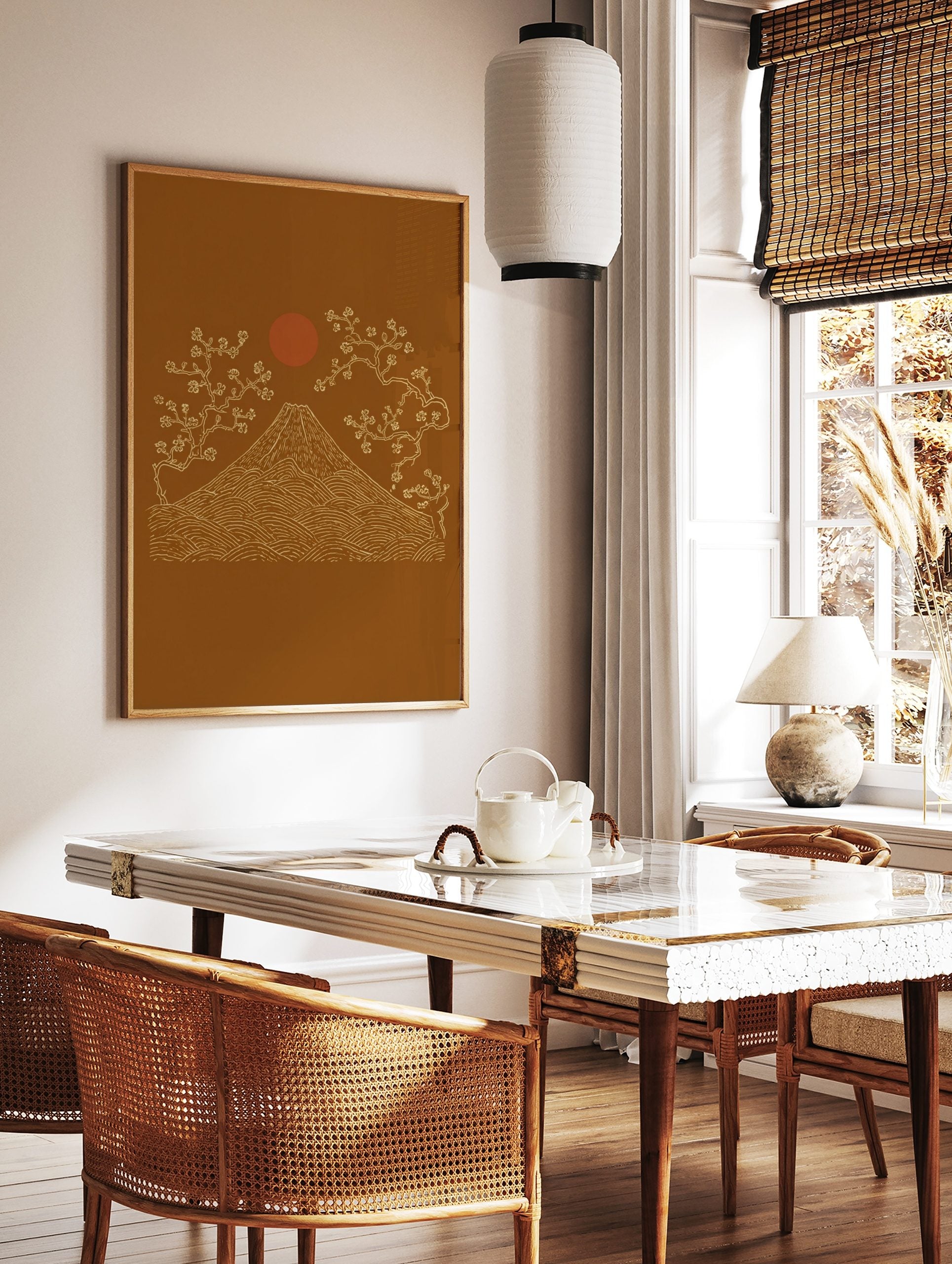 Illustrative Mount Fuji with cherry blossom trees and red sun on an ochre background in a Japanese, in a styled room mockup