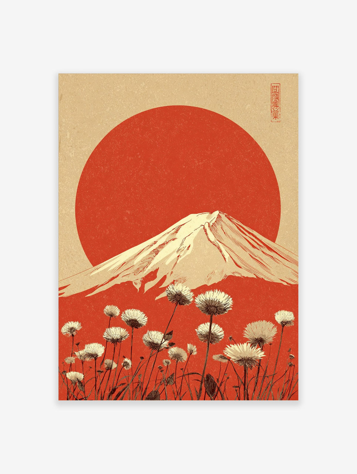 Illustrative Mount Fuji with red sun and white dandelion flowers against a textured beige and red background
