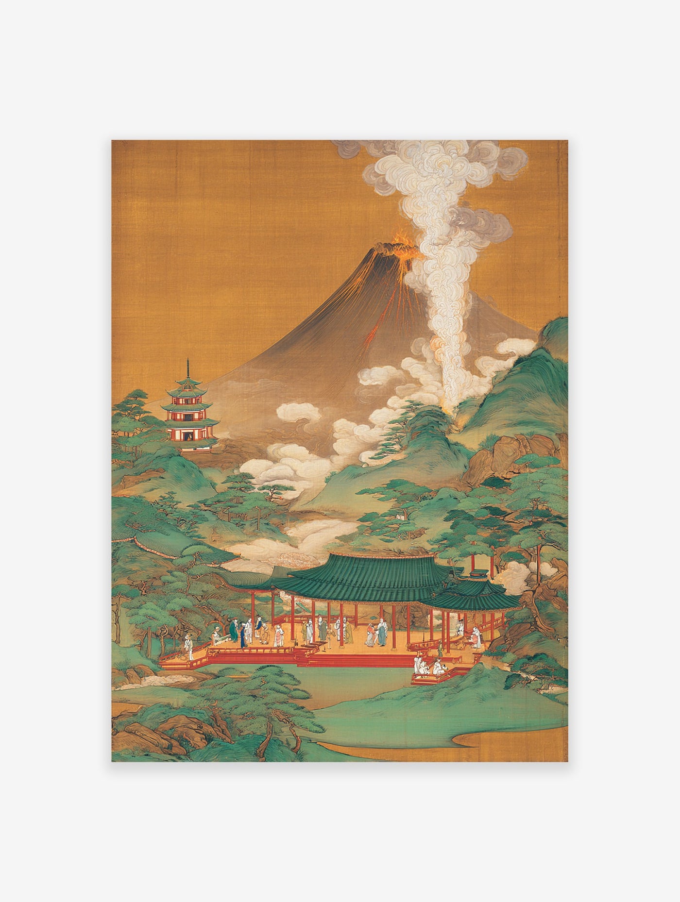 Japanese volcano poster depicting Mount Fuji erupting with lava and smoke, alongside traditional pagodas and green hills.