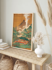 Japanese volcano poster depicting Mount Fuji erupting with lava and smoke, alongside traditional pagodas and green hills. - Image 4