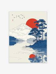 Japanese landscape art print showing Mount Fuji, a red sun, blue pine trees, birds, and reflections in a lake