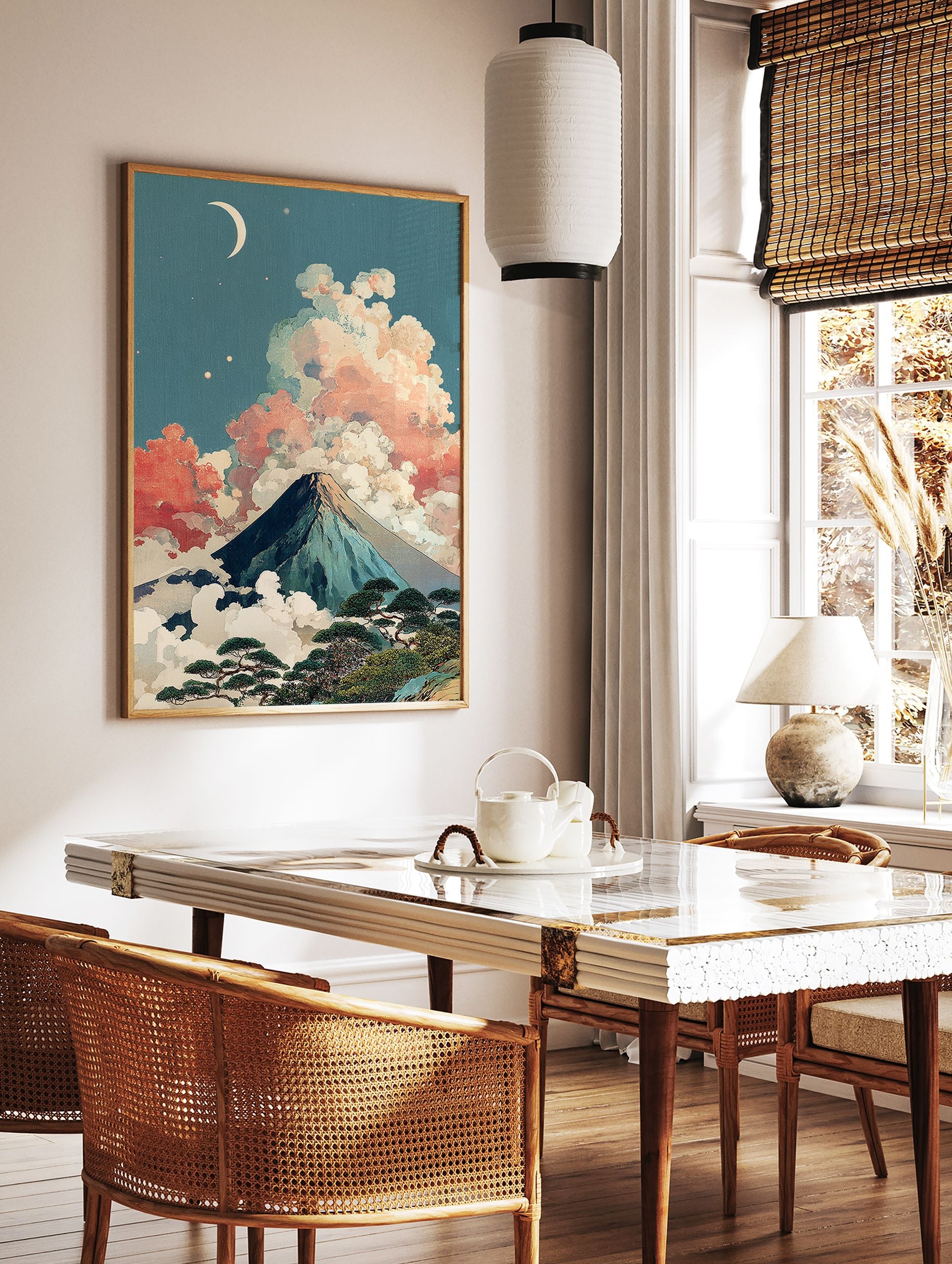 Ukiyo-e style Japanese Wall Art print of Mount Fuji at night with a crescent moon, colorful clouds, and pine trees. - Image 2