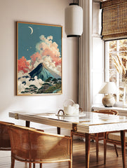 Ukiyo-e style Japanese Wall Art print of Mount Fuji at night with a crescent moon, colorful clouds, and pine trees. - Image 2