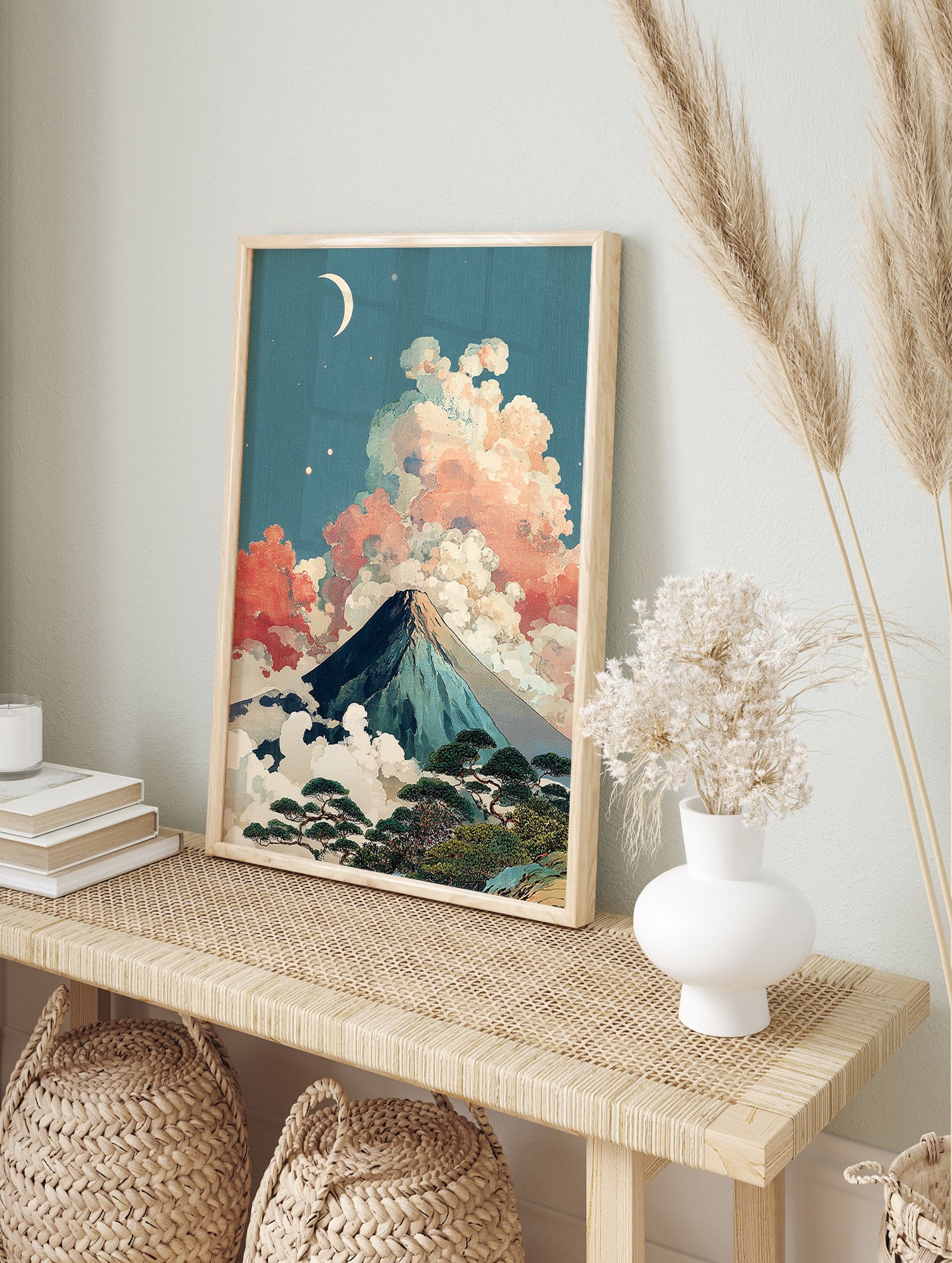 Ukiyo-e style Japanese Wall Art print of Mount Fuji at night with a crescent moon, colorful clouds, and pine trees. - Image 3