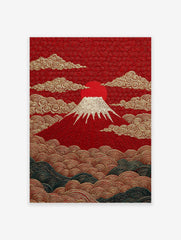 Textured Mount Fuji poster with a red sun, golden clouds, and stylized waves in traditional Japanese art style.