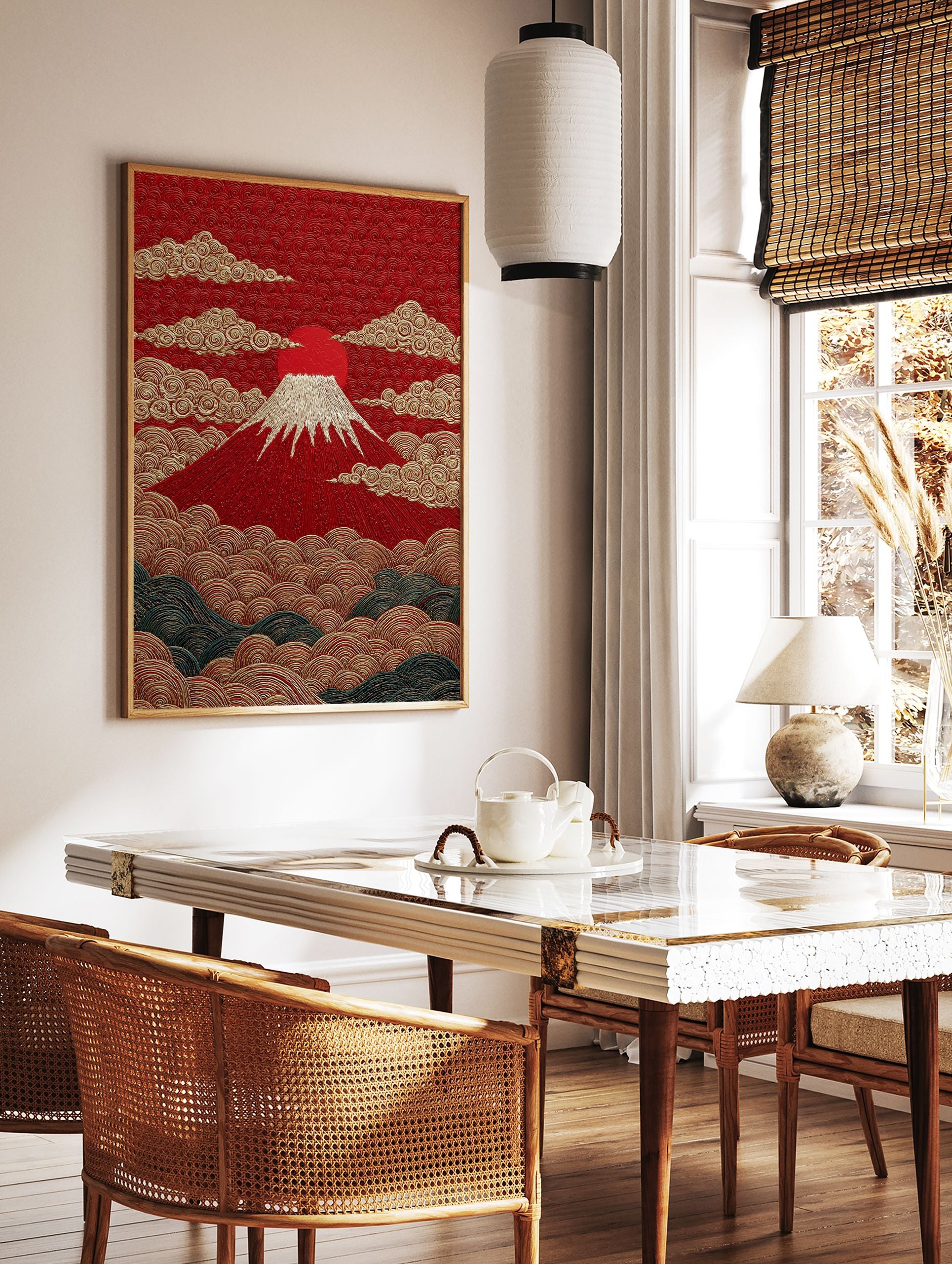 Textured Mount Fuji poster with a red sun, golden clouds, and stylized waves in traditional Japanese art style. - Image 2