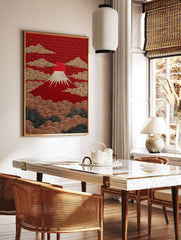 Textured Mount Fuji poster with a red sun, golden clouds, and stylized waves in traditional Japanese art style. - Image 2