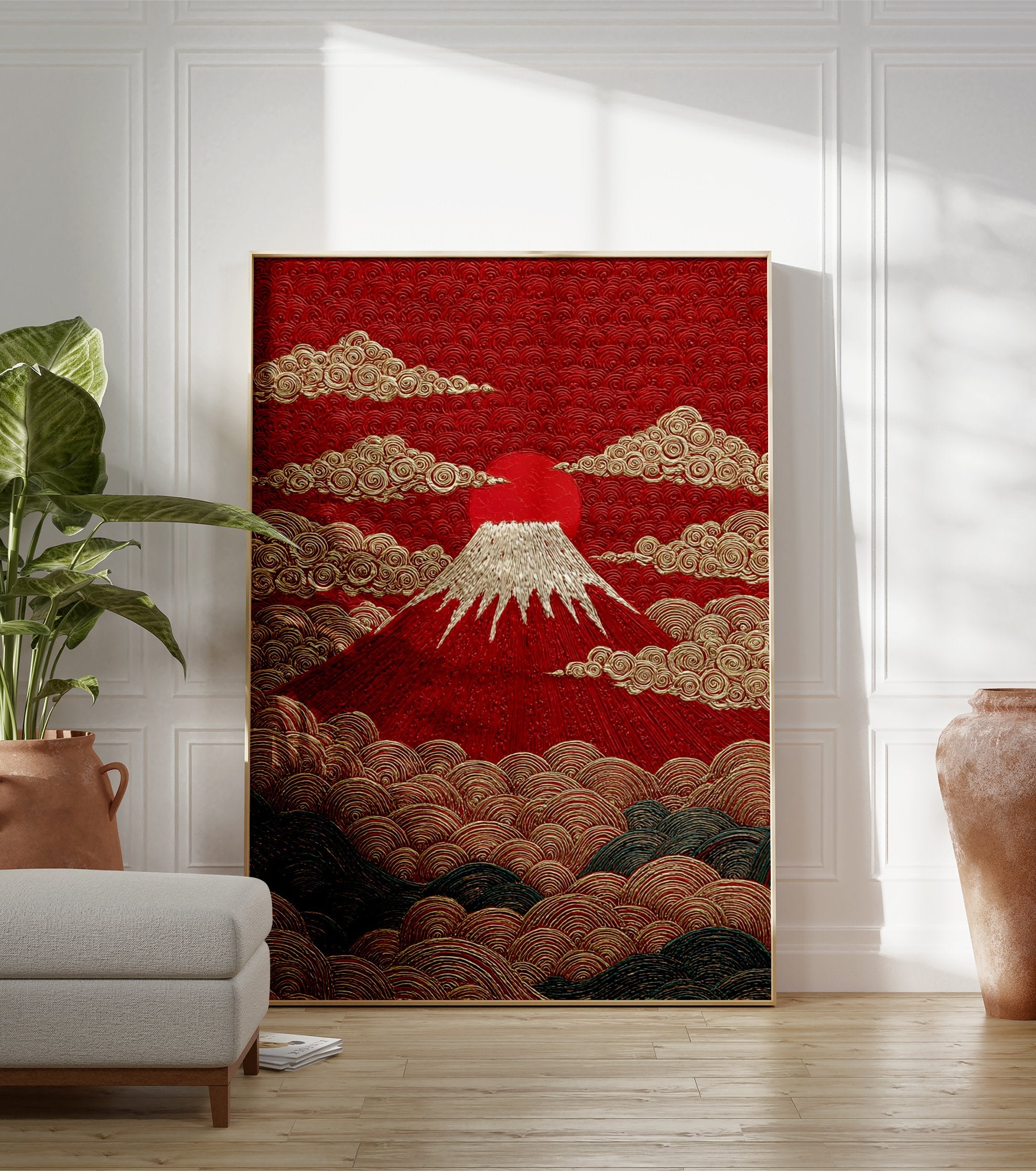 Textured Mount Fuji poster with a red sun, golden clouds, and stylized waves in traditional Japanese art style. - Image 3
