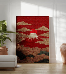 Textured Mount Fuji poster with a red sun, golden clouds, and stylized waves in traditional Japanese art style. - Image 3