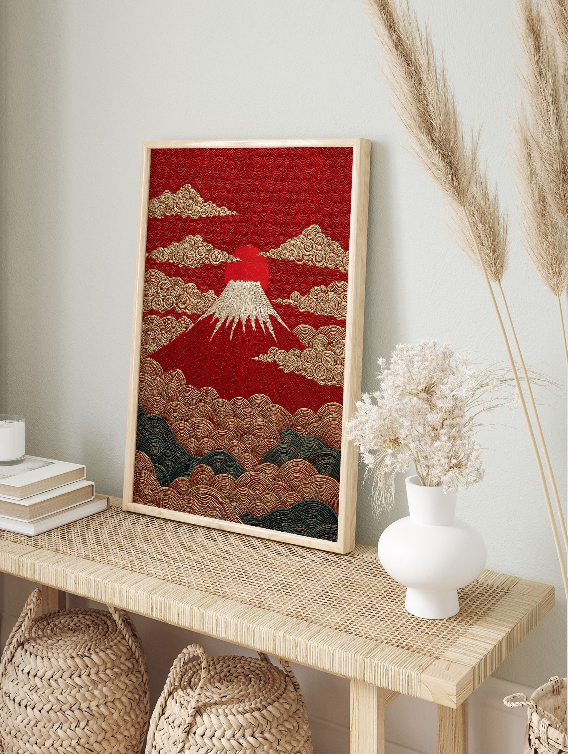Textured Mount Fuji poster with a red sun, golden clouds, and stylized waves in traditional Japanese art style. - Image 4
