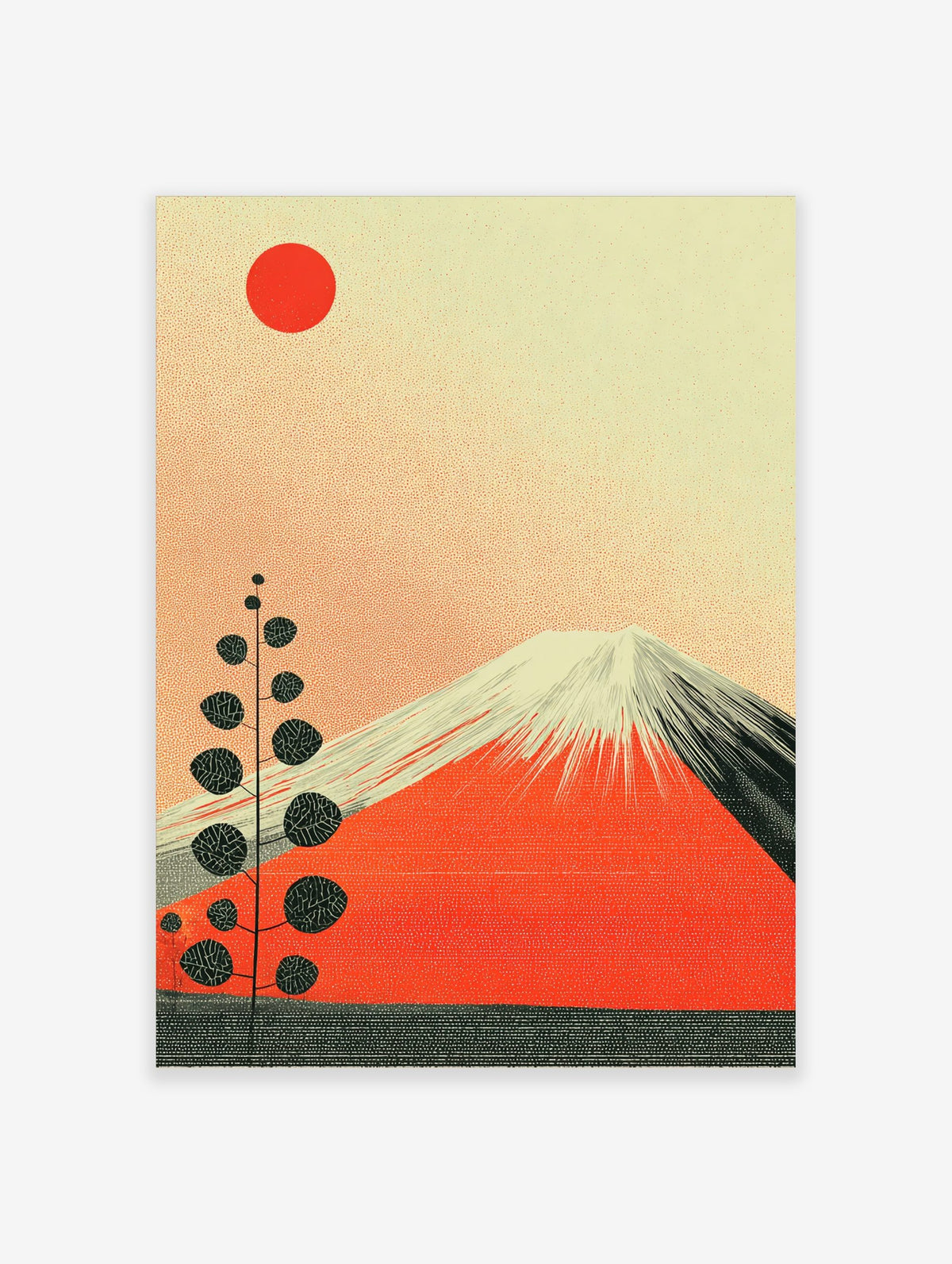 Mount Fuji in red with white snowcaps, a red sun, and a tall stylised plant on a textured cream background