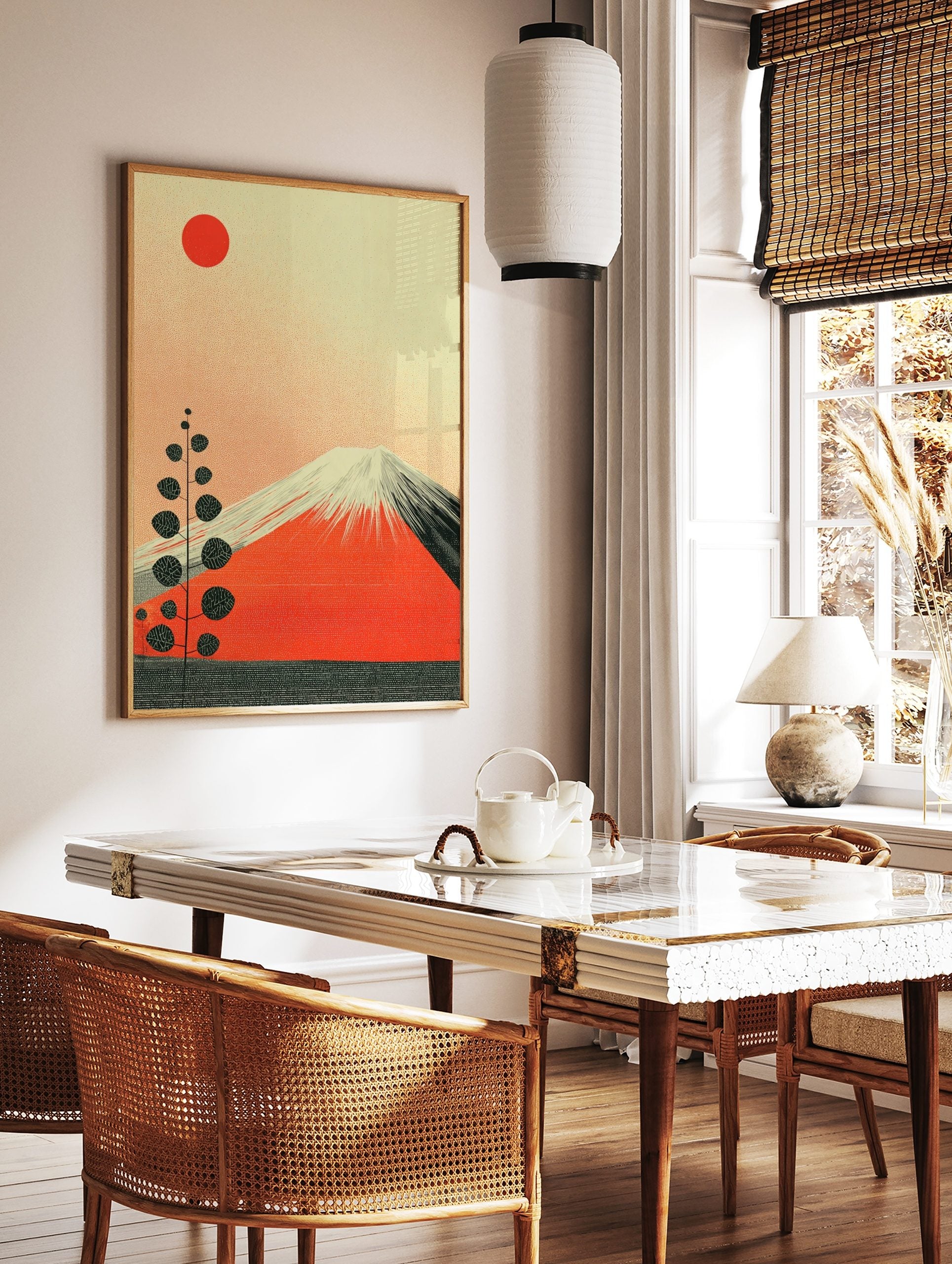 Mount Fuji in red with white snowcaps, a red sun, and a tall stylised plant on a textured cream, in a styled room mockup