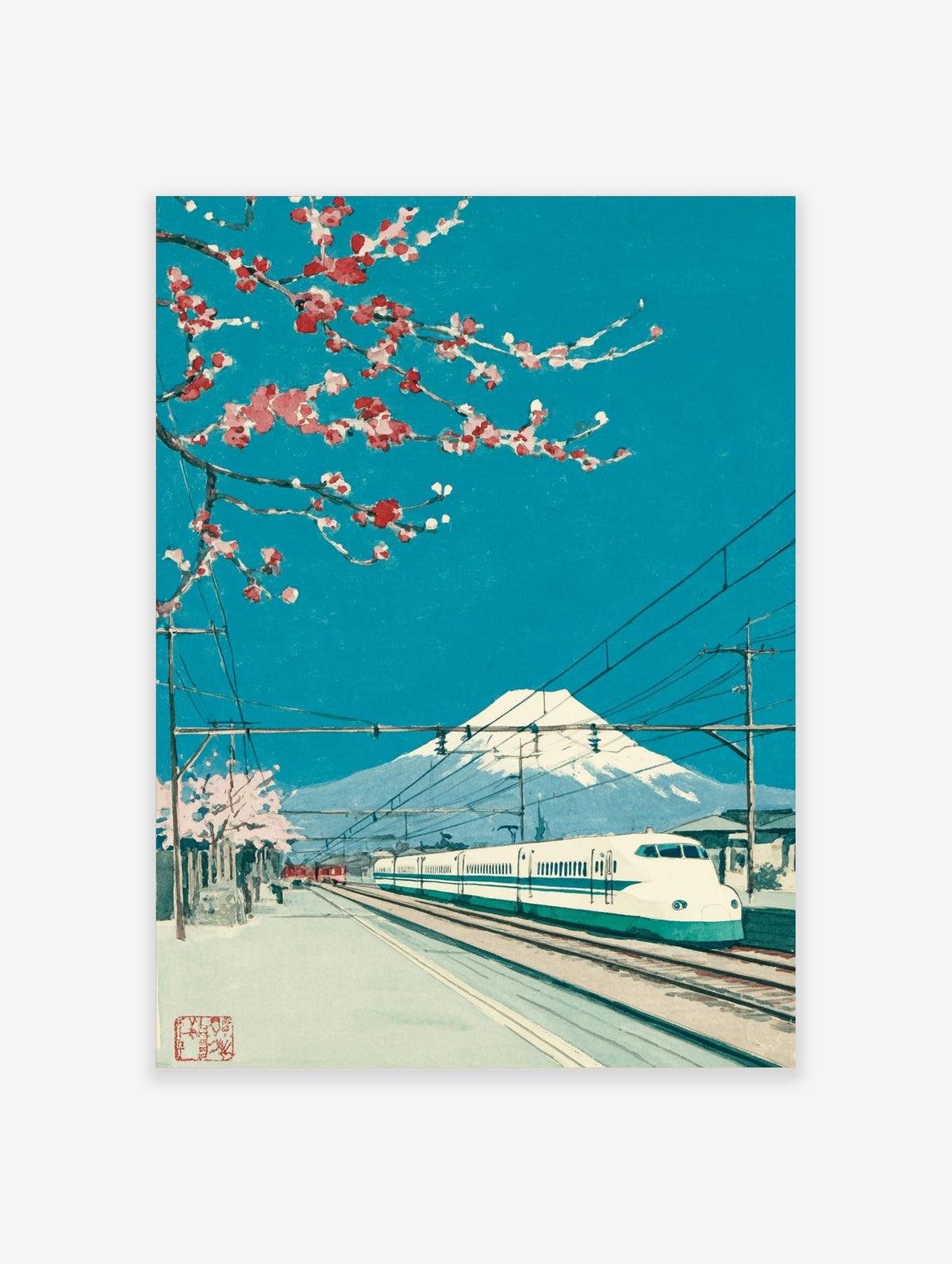Japanese art print of Mount Fuji, Shinkansen train, and cherry blossoms under a bright blue sky