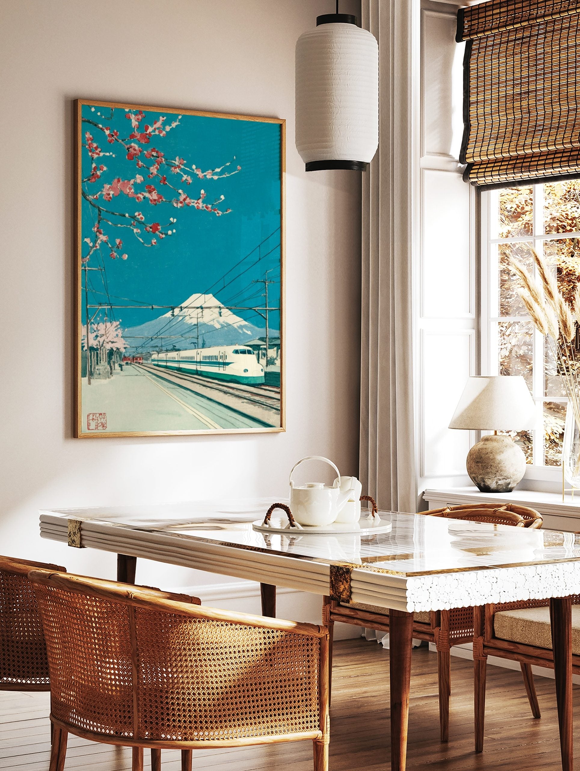 Japanese art print of Mount Fuji, Shinkansen train, and cherry blossoms under a bright blue sky, in a styled room mockup