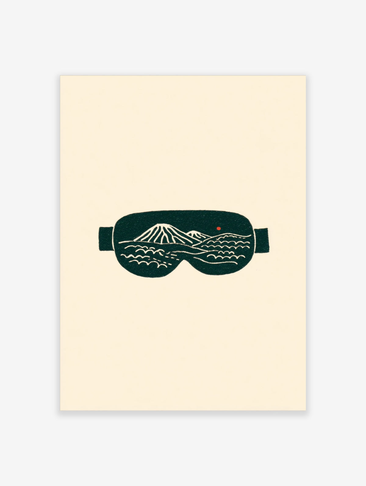 Dark green sleep mask with white Mount Fuji and waves, red sun, on cream background, Japanese landscape print