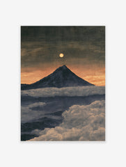 Mountain peak rising above clouds under a full moon in a twilight landscape art print