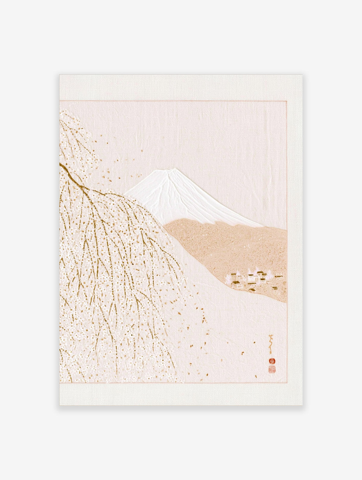 Minimalist Mount Fuji landscape with weeping cherry tree and Japanese seals in cream and beige tones
