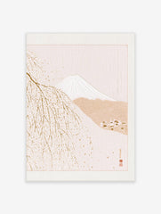 Minimalist Mount Fuji landscape with weeping cherry tree and Japanese seals in cream and beige tones