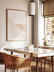 Minimalist Mount Fuji landscape with weeping cherry tree and Japanese seals in cream and beige tones, in a styled room mockup