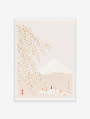 Japanese Mount Fuji landscape art print with cherry blossoms and a small village in neutral cream and white tones