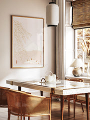Japanese Mount Fuji landscape art print with cherry blossoms and a small village in neutral cream, in a styled room mockup
