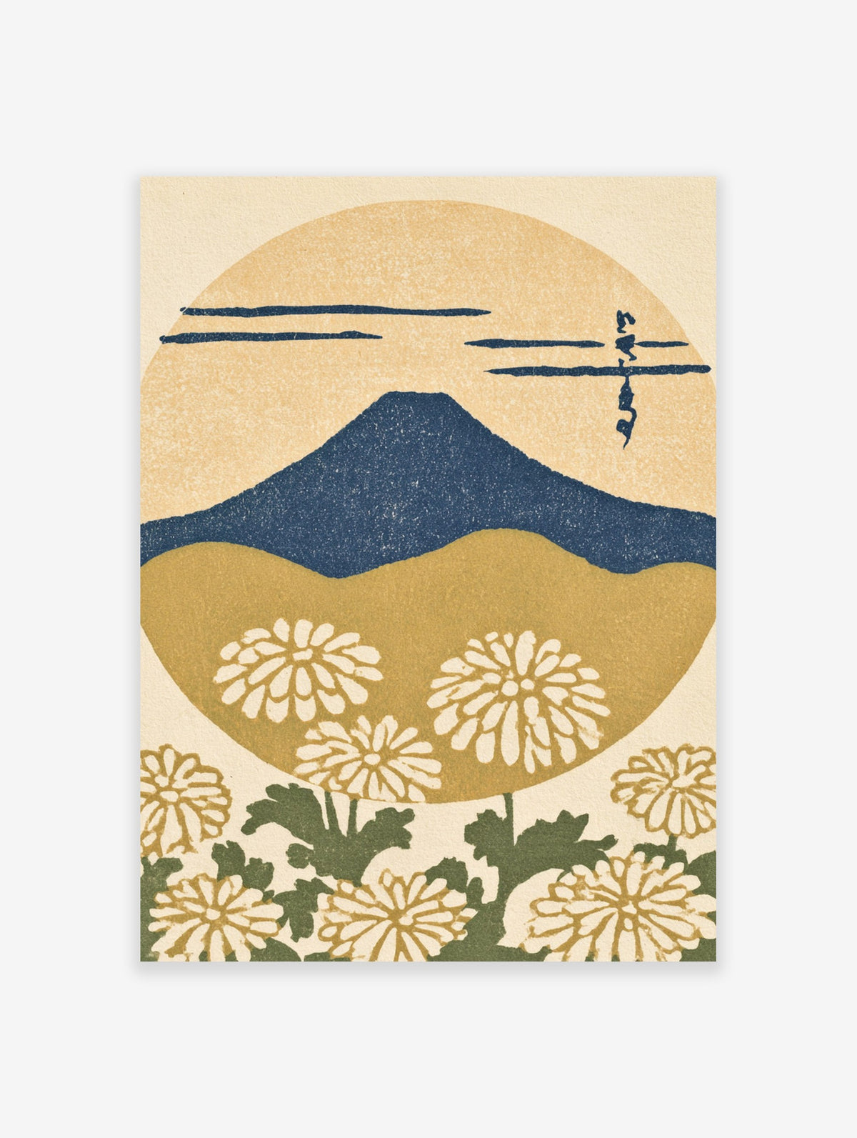 Japanese Mount Fuji silhouette with chrysanthemum flowers and calligraphy in a golden sun circle, illustrative art print