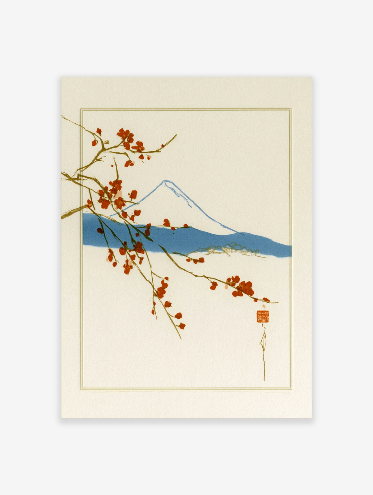 Japanese-style wall art print of Mount Fuji with red cherry blossom branches on a cream background