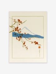 Japanese-style wall art print of Mount Fuji with red cherry blossom branches on a cream background