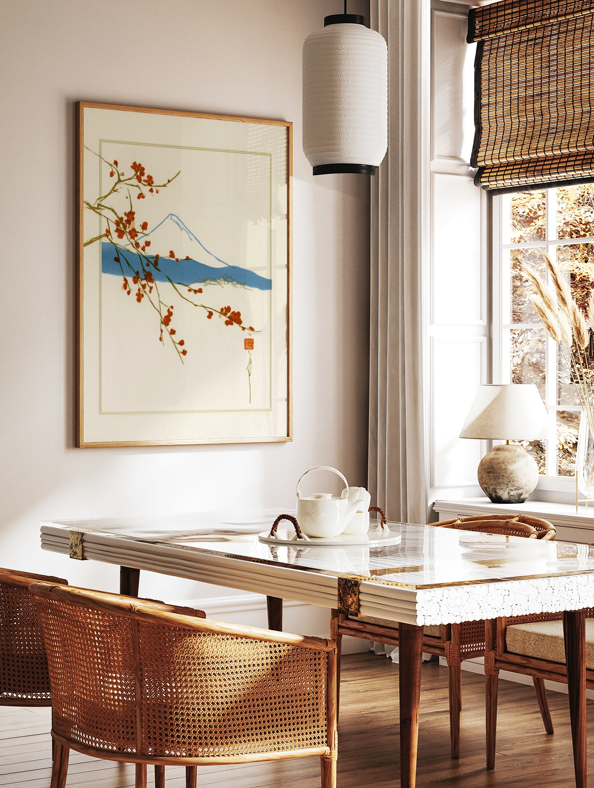 Japanese-style wall art print of Mount Fuji with red cherry blossom branches on a cream background, in a styled room mockup