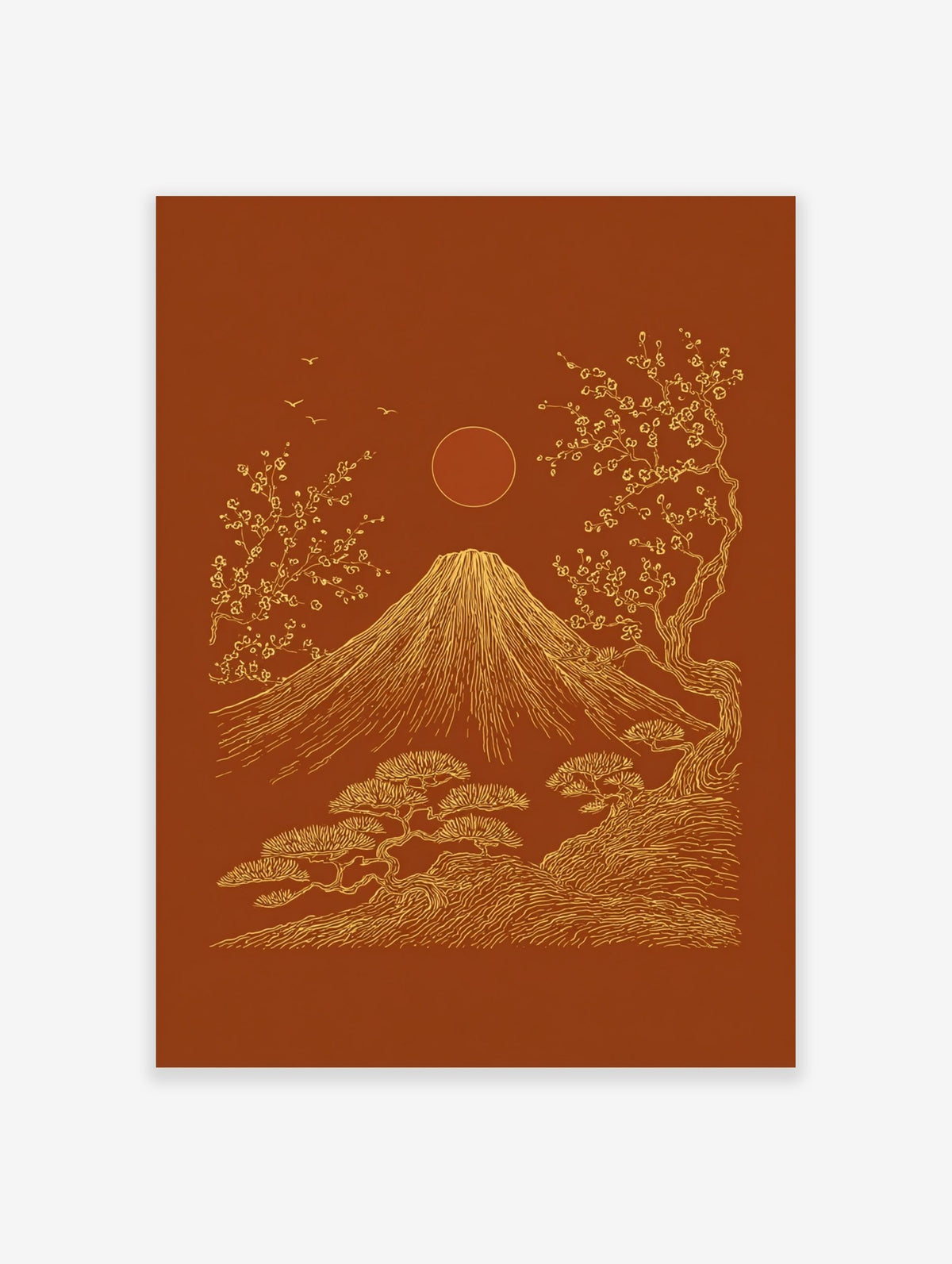 Mount Fuji, cherry blossoms, pine trees, sun, and birds in gold line art on a reddish-brown background