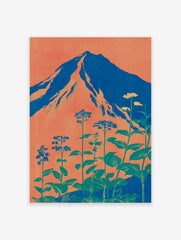 Stylized Mount Fuji wall art with orange sky, blue mountain, and green botanical plants in a modern Japanese style.