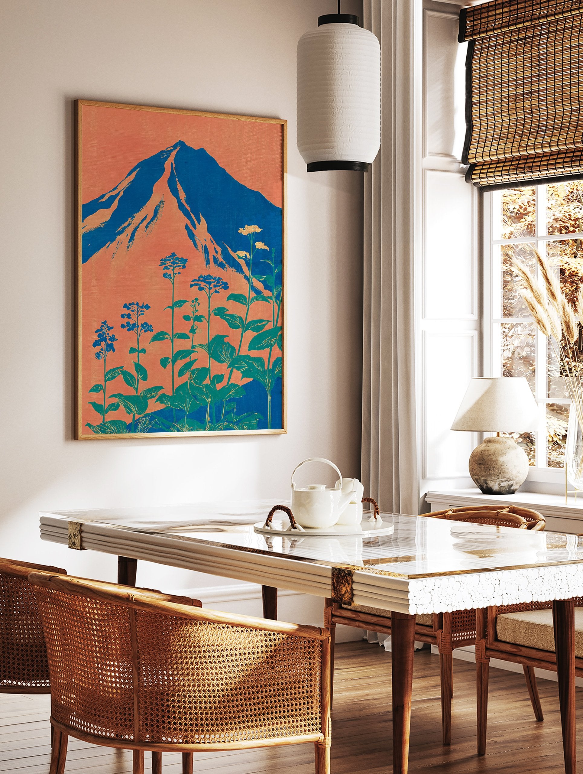 Stylized Mount Fuji wall art with orange sky, blue mountain, and green botanical plants in a modern Japanese style. - Image 2
