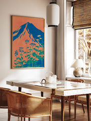 Stylized Mount Fuji wall art with orange sky, blue mountain, and green botanical plants in a modern Japanese style. - Image 2