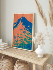 Stylized Mount Fuji wall art with orange sky, blue mountain, and green botanical plants in a modern Japanese style. - Image 3