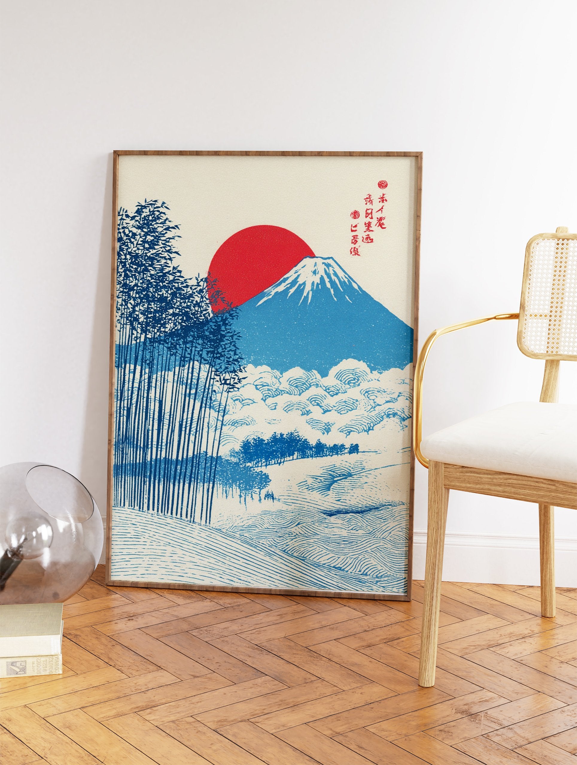 Japanese Mount Fuji wall art print with a red sun and blue bamboo trees in a serene landscape design. - Image 2