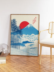 Japanese Mount Fuji wall art print with a red sun and blue bamboo trees in a serene landscape design. - Image 2