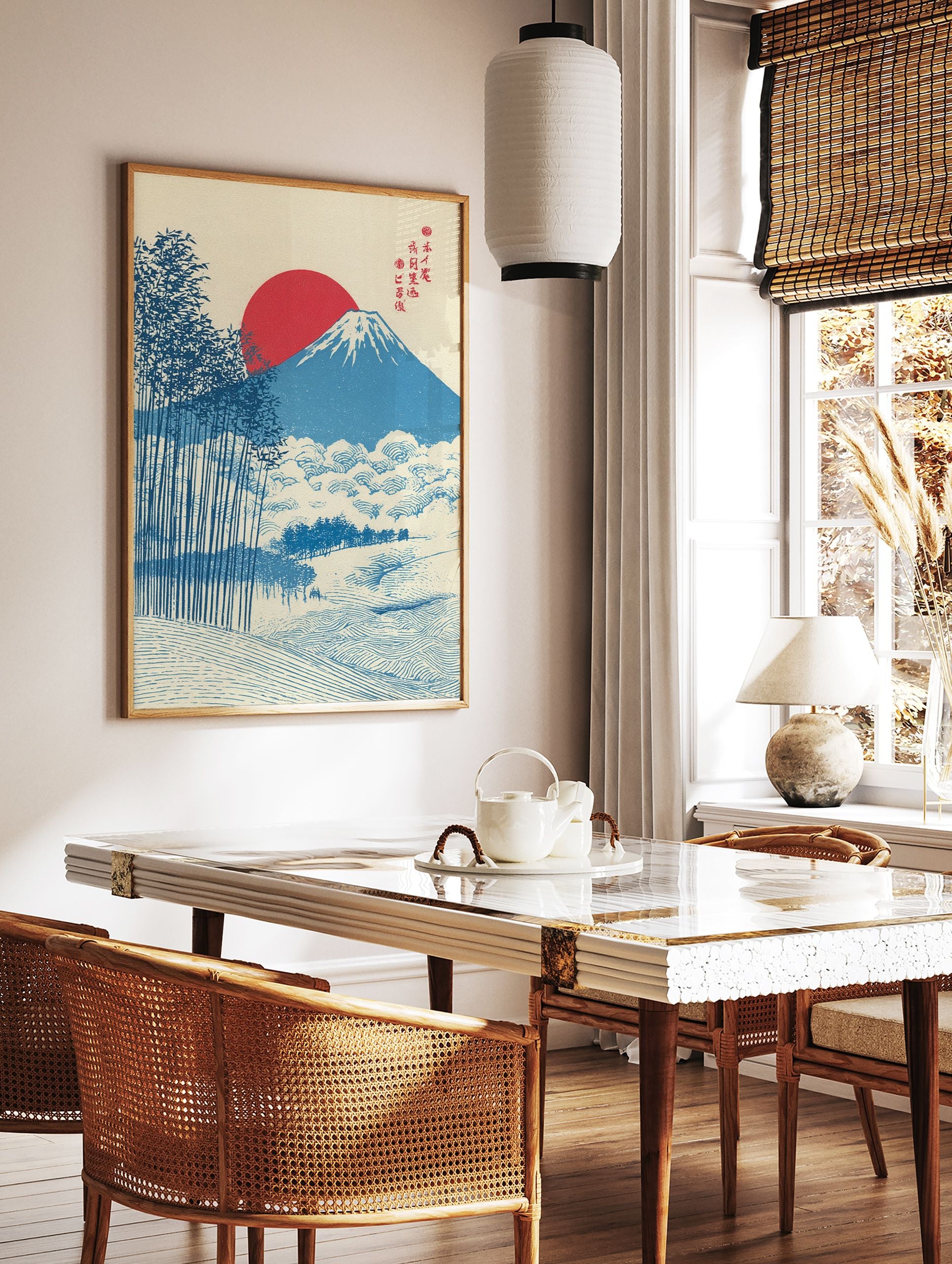 Japanese Mount Fuji wall art print with a red sun and blue bamboo trees in a serene landscape design. - Image 3