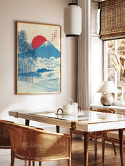 Japanese Mount Fuji wall art print with a red sun and blue bamboo trees in a serene landscape design. - Image 3
