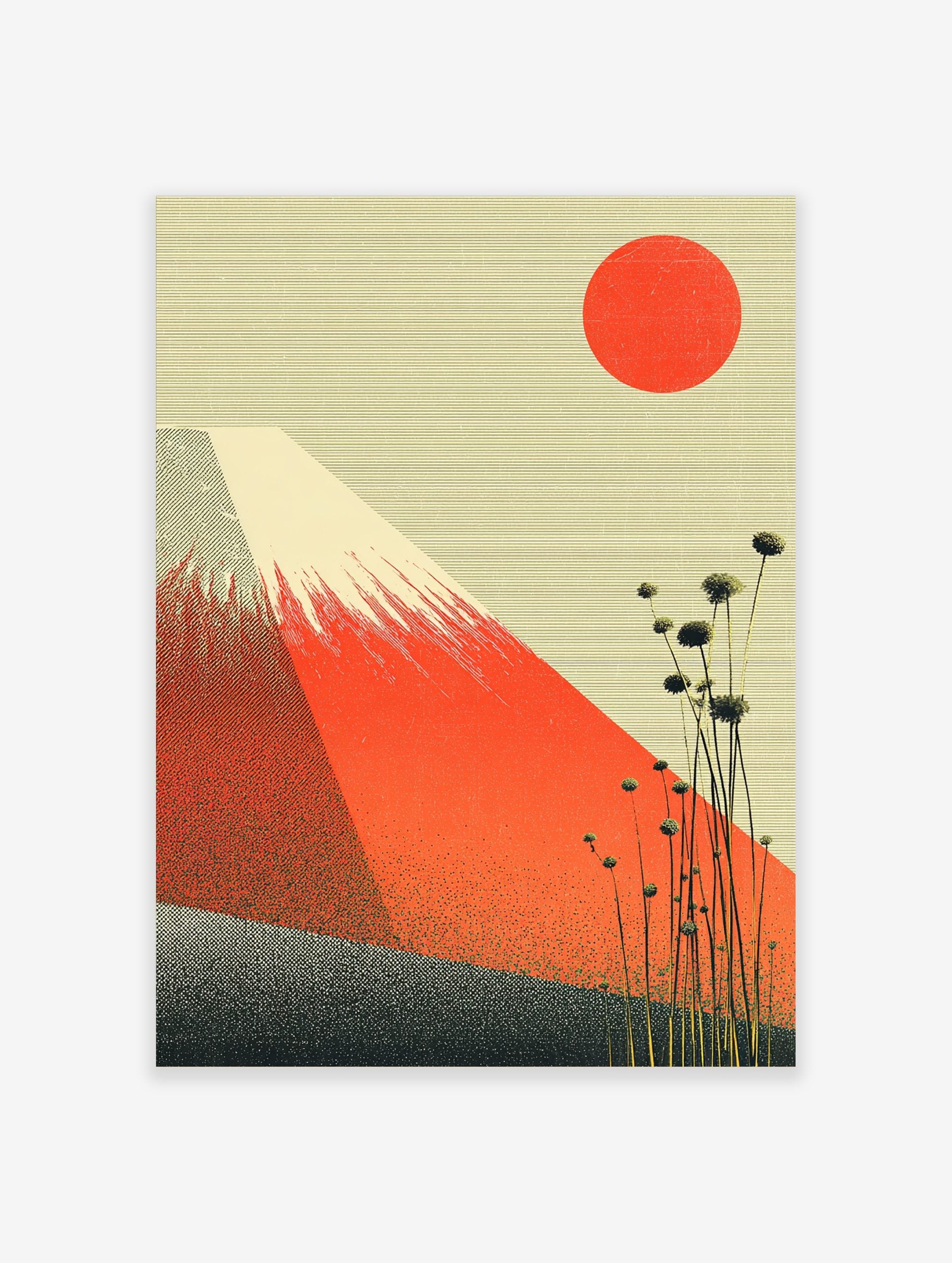 Mount Fuji wall art with red mountain, red sun, tall plants, and textured cream sky in a graphic Japanese style
