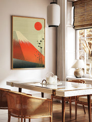 Mount Fuji wall art with red mountain, red sun, tall plants, and textured cream sky in a graphic, in a styled room mockup