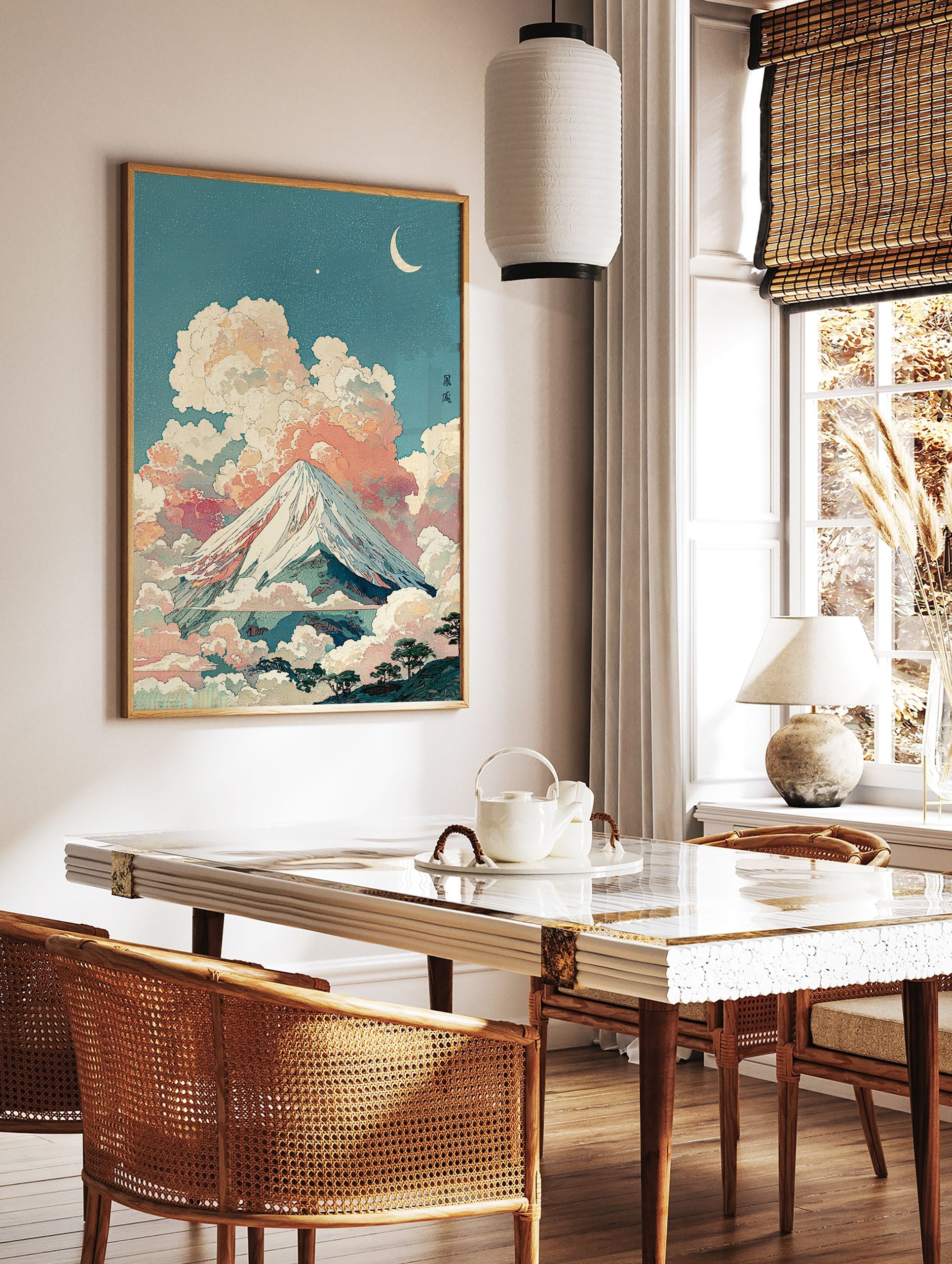 Japanese Mount Fuji landscape art print with pastel pink clouds, a crescent moon, and stars in a traditional Ukiyo-e style. - Image 2