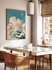 Japanese Mount Fuji landscape art print with pastel pink clouds, a crescent moon, and stars in a traditional Ukiyo-e style. - Image 2